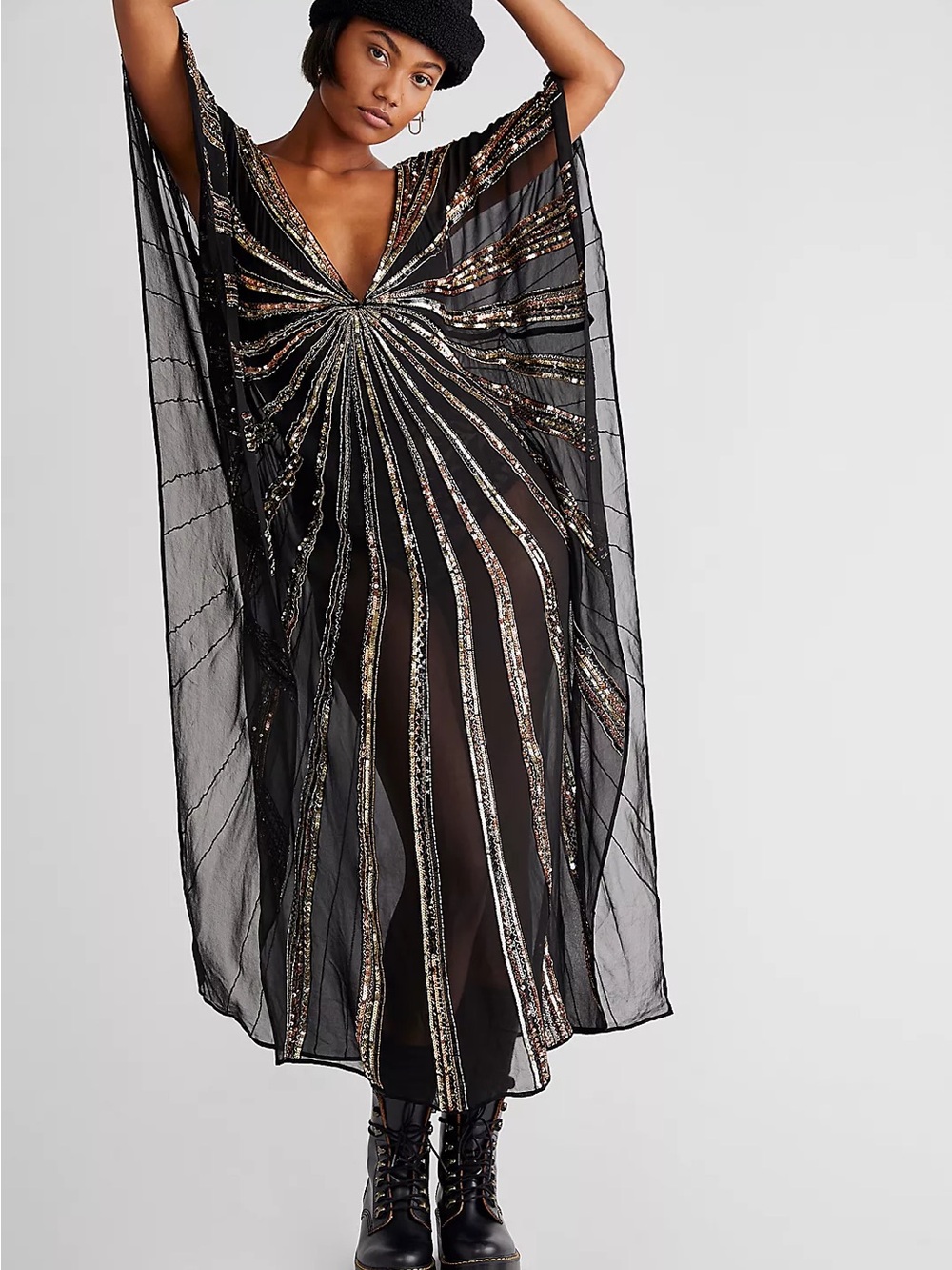 Jen's Pirate Booty Free People Black Sheer Kaftan with Metallic Beaded Stripes